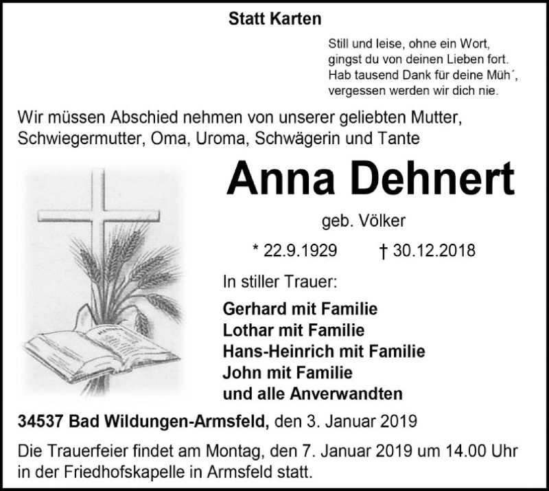  Traueranzeige für Anna Dehnert vom 03.01.2019 aus HNA