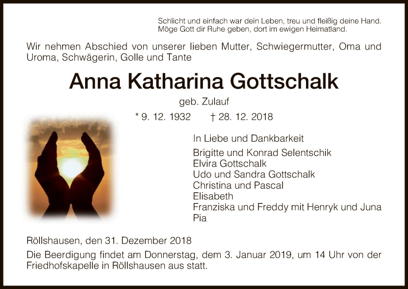  Traueranzeige für Anna Katharina Gottschalk vom 31.12.2018 aus HNA
