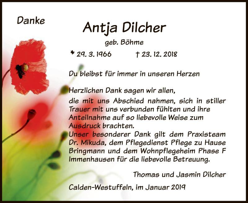  Traueranzeige für Antja Dilcher vom 31.01.2019 aus HNA
