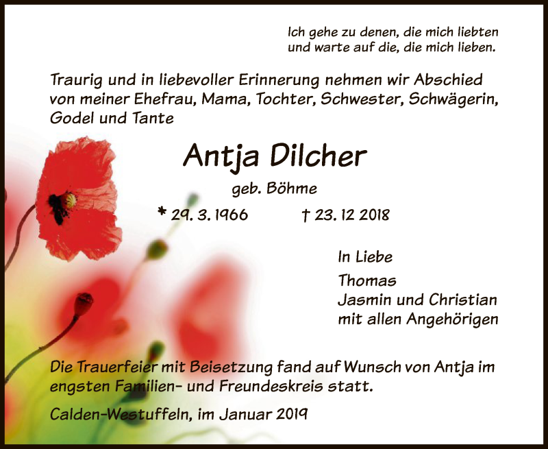  Traueranzeige für Antja Dilcher vom 11.01.2019 aus HNA