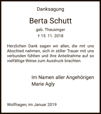 Traueranzeige von Berta Schutt von HNA