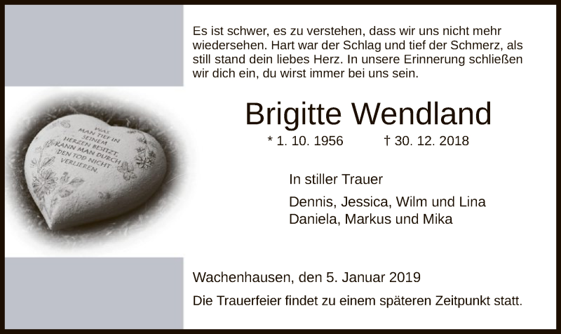 Traueranzeige für Brigitte Wendland vom 05.01.2019 aus HNA