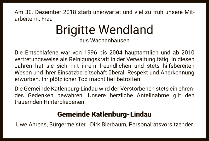  Traueranzeige für Brigitte Wendland vom 11.01.2019 aus HNA