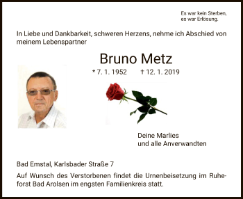 Traueranzeige von Bruno Metz von HNA