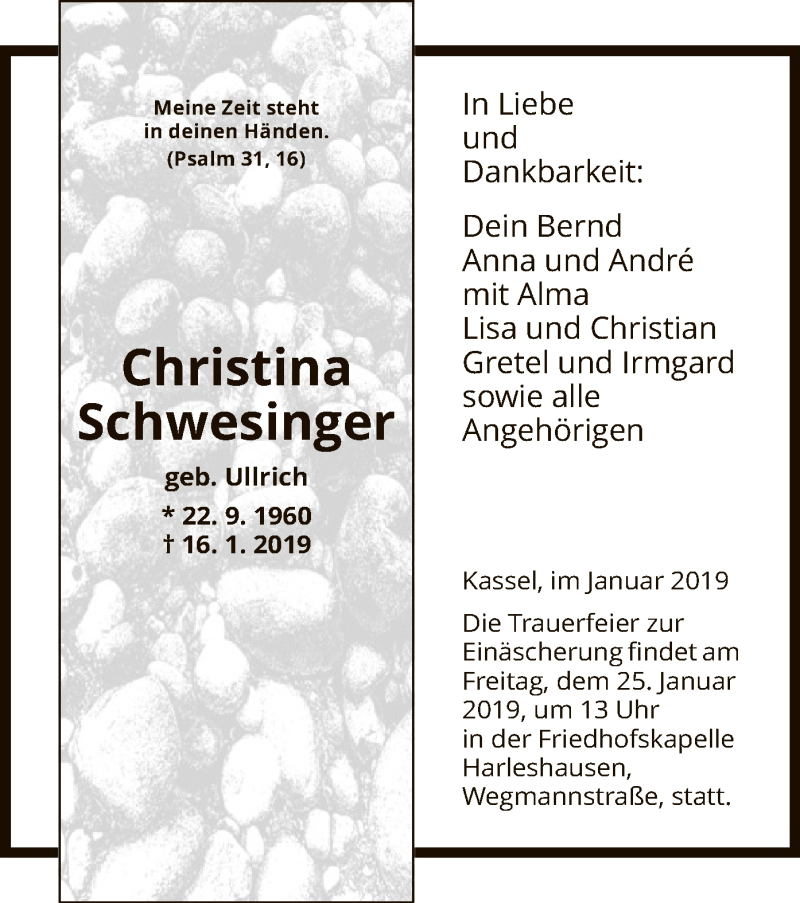  Traueranzeige für Christina Schwesinger vom 21.01.2019 aus HNA