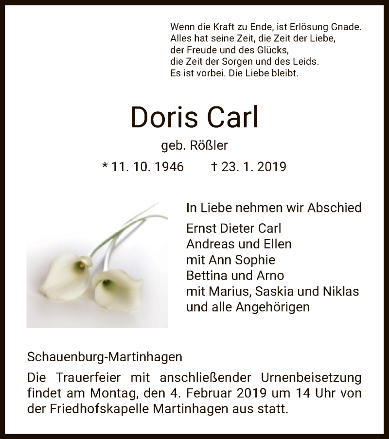  Traueranzeige für Doris Carl vom 31.01.2019 aus HNA