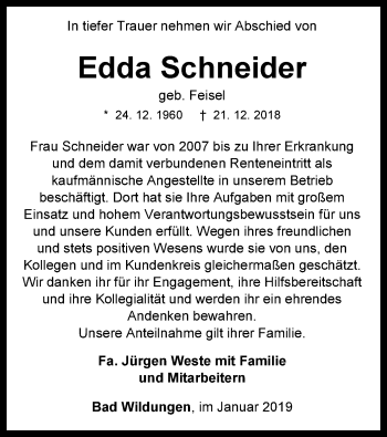 Traueranzeige von Edda Schneider von HNA