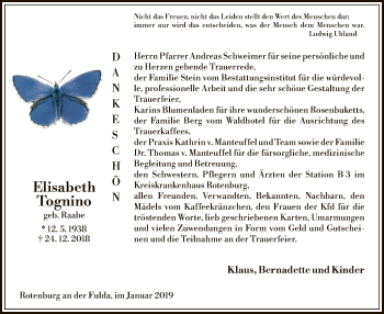 Traueranzeige von Elisabeth Tognino von HNA