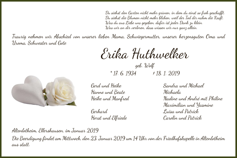  Traueranzeige für Erika Huthwelker vom 22.01.2019 aus HNA