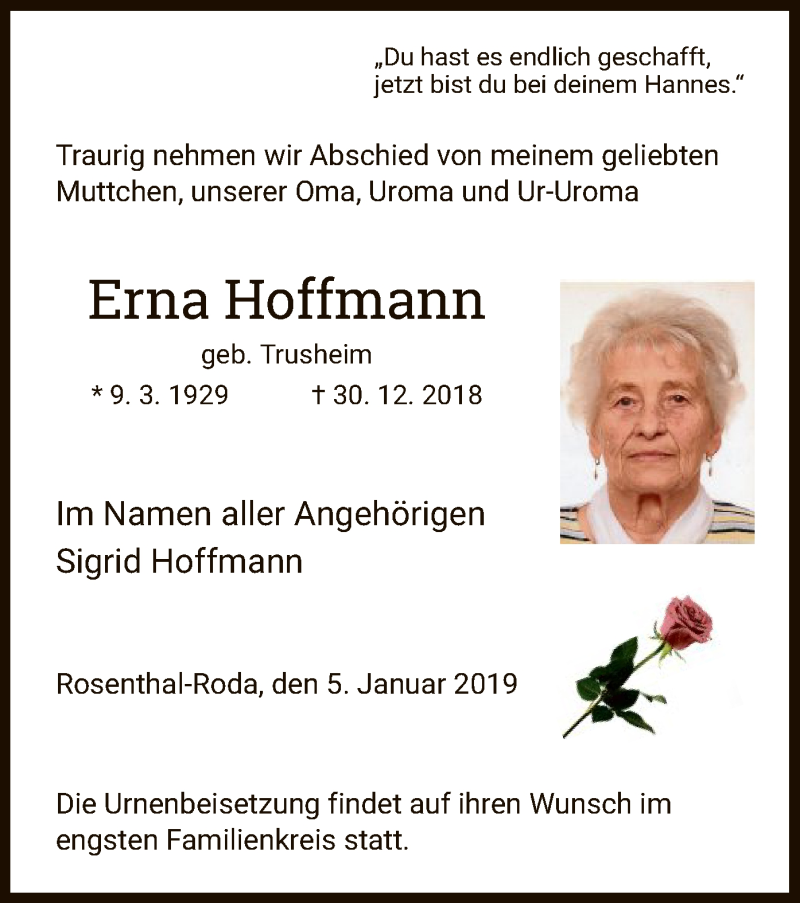 Traueranzeigen von Erna Hoffmann | Trauer.HNA.de