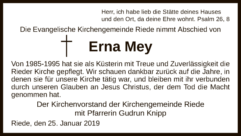  Traueranzeige für Erna Mey vom 25.01.2019 aus HNA