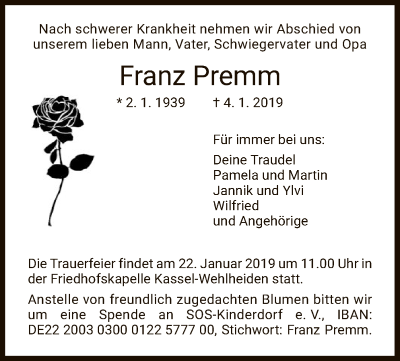  Traueranzeige für Franz Premm vom 19.01.2019 aus HNA