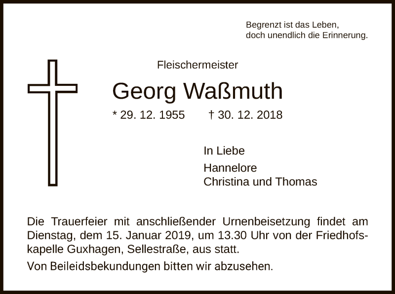  Traueranzeige für Georg Waßmuth vom 11.01.2019 aus HNA