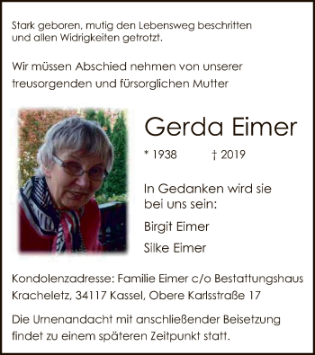 Traueranzeige von Gerda Eimer von HNA
