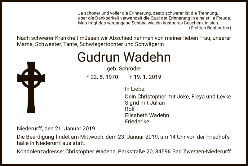  Traueranzeige für Gudrun Wadehn vom 21.01.2019 aus HNA
