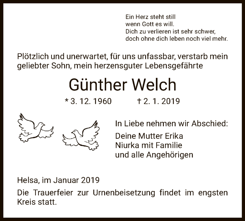  Traueranzeige für Günther Welch vom 12.01.2019 aus HNA