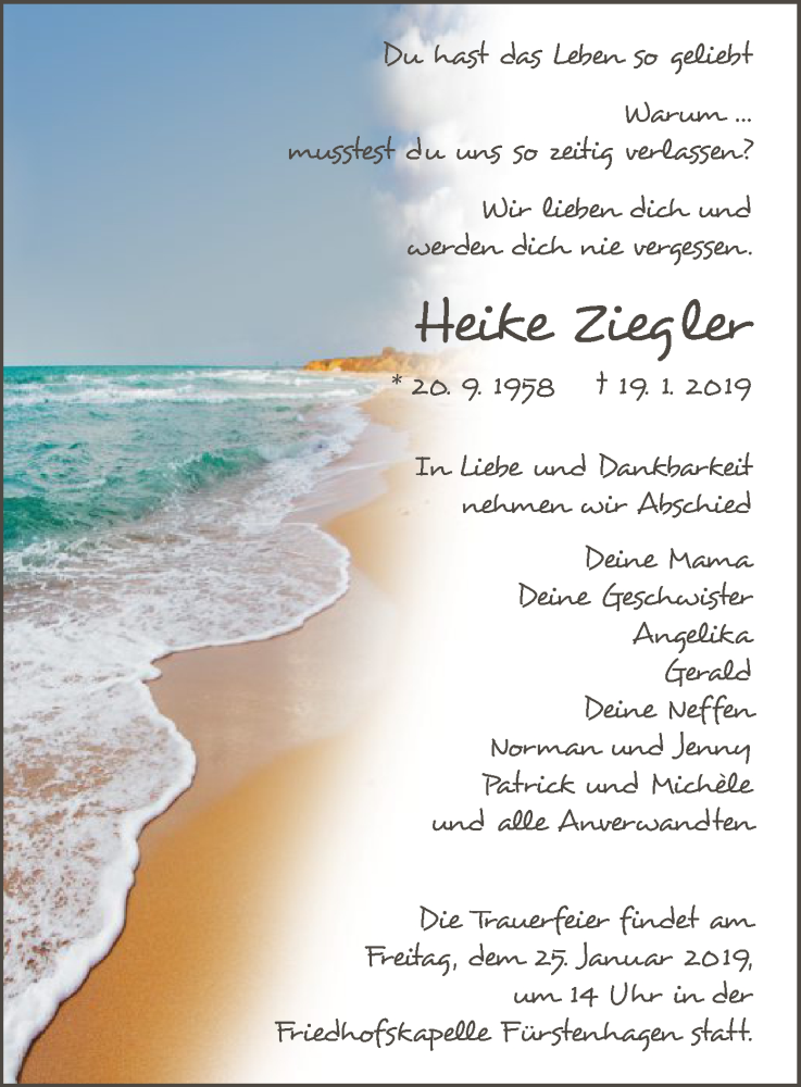  Traueranzeige für Heike Ziegler vom 23.01.2019 aus HNA