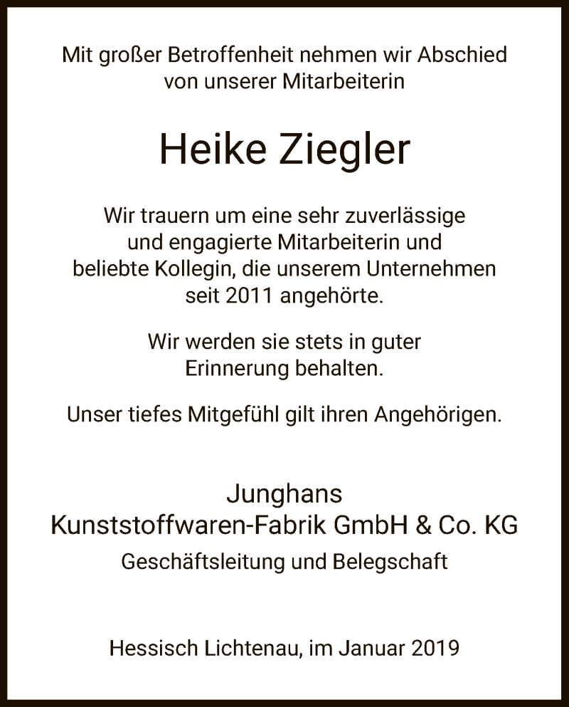  Traueranzeige für Heike Ziegler vom 23.01.2019 aus HNA