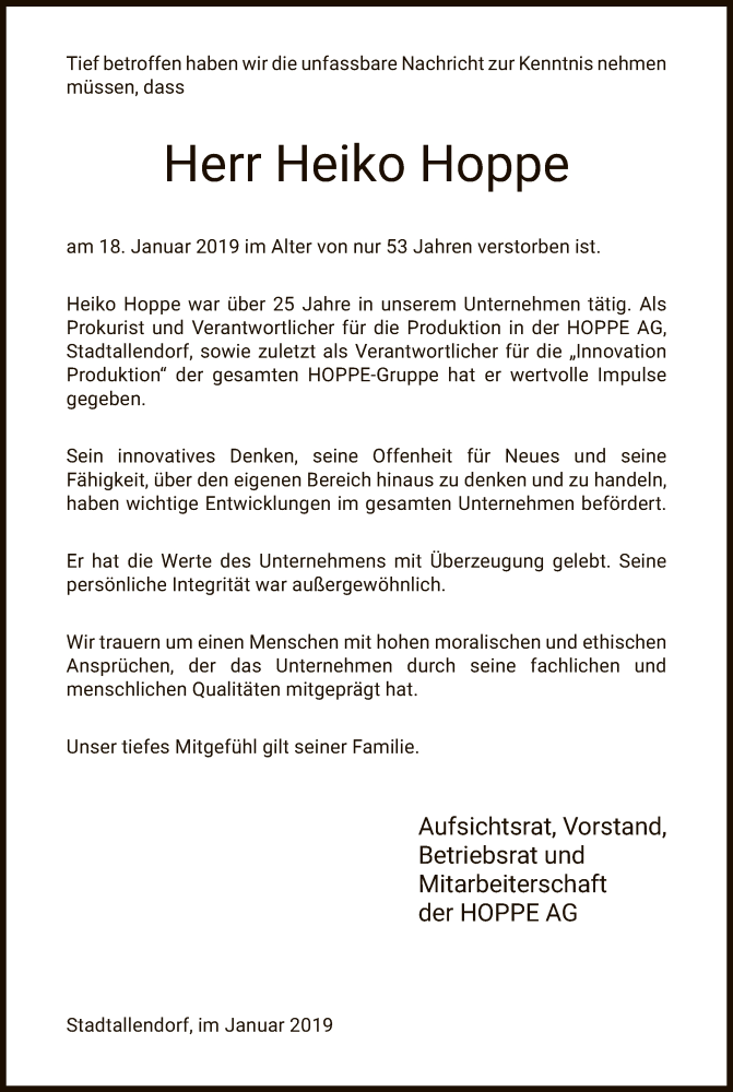  Traueranzeige für Heiko Hoppe vom 24.01.2019 aus HNA