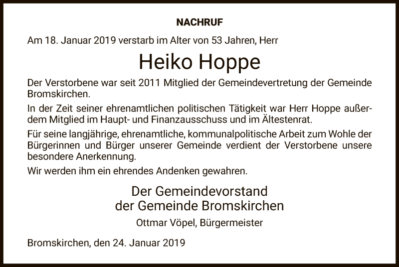 Traueranzeige für Heiko Hoppe vom 25.01.2019 aus HNA