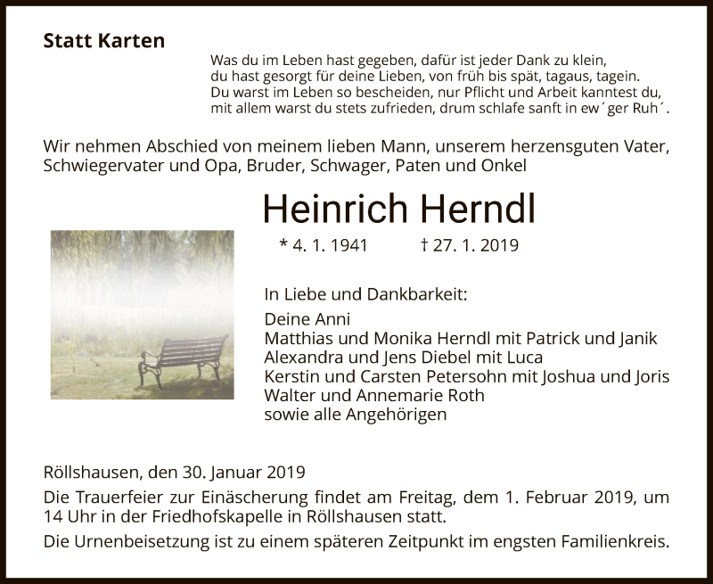  Traueranzeige für Heinrich Herndl vom 30.01.2019 aus HNA