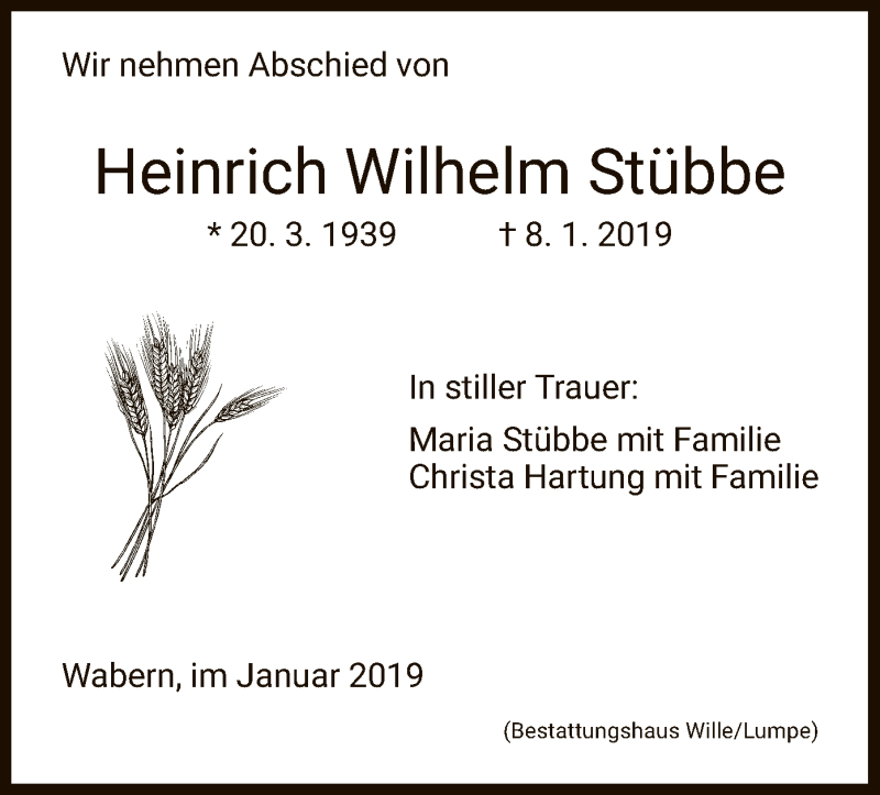  Traueranzeige für Heinrich Wilhelm Stübbe vom 19.01.2019 aus HNA