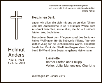 Traueranzeige von Helmut Anders von HNA