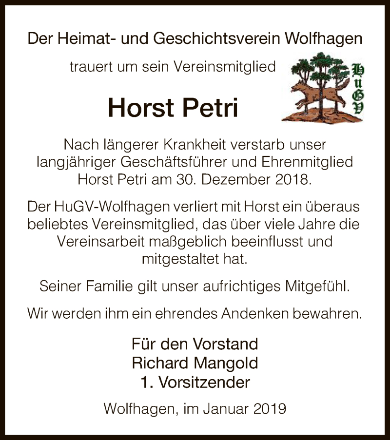  Traueranzeige für Horst Petri vom 11.01.2019 aus HNA