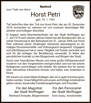 Traueranzeige von Horst Petri von HNA