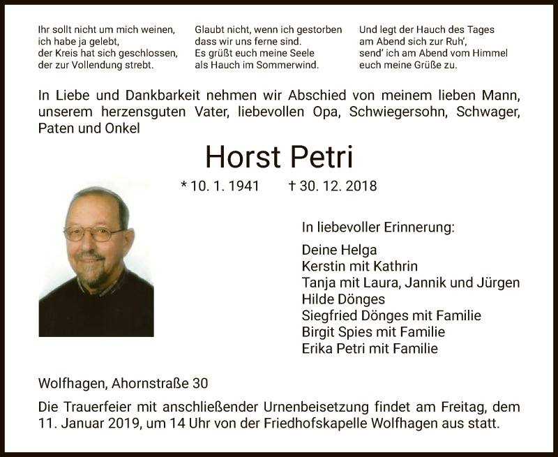  Traueranzeige für Horst Petri vom 05.01.2019 aus HNA