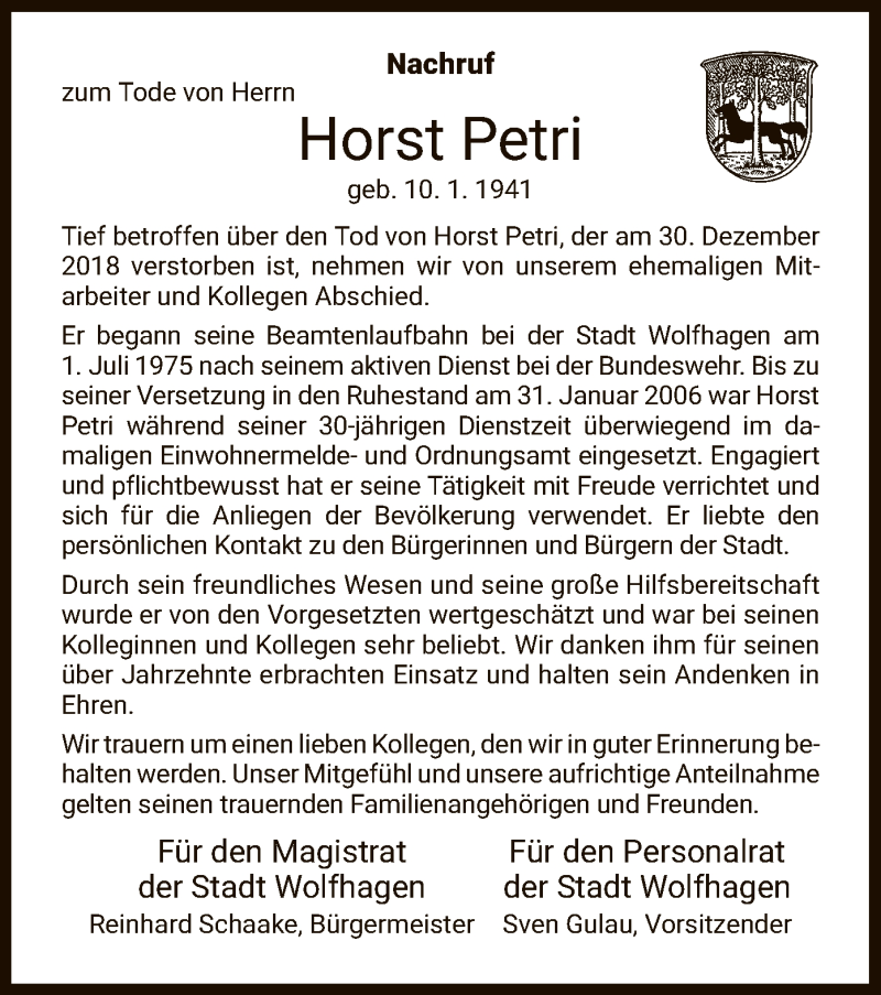  Traueranzeige für Horst Petri vom 08.01.2019 aus HNA