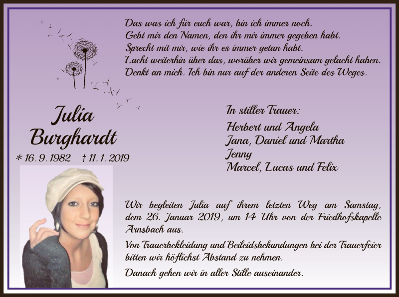  Traueranzeige für Julia Burghardt vom 19.01.2019 aus HNA
