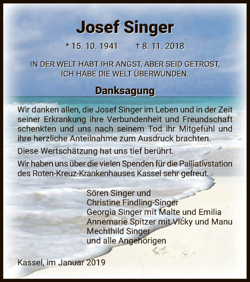  Traueranzeige für Josef Singer vom 12.01.2019 aus HNA