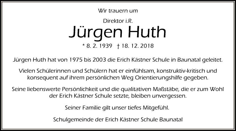  Traueranzeige für Jürgen Huth vom 05.01.2019 aus HNA