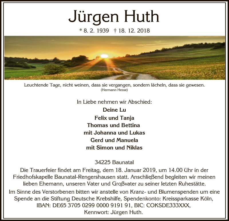  Traueranzeige für Jürgen Huth vom 05.01.2019 aus HNA