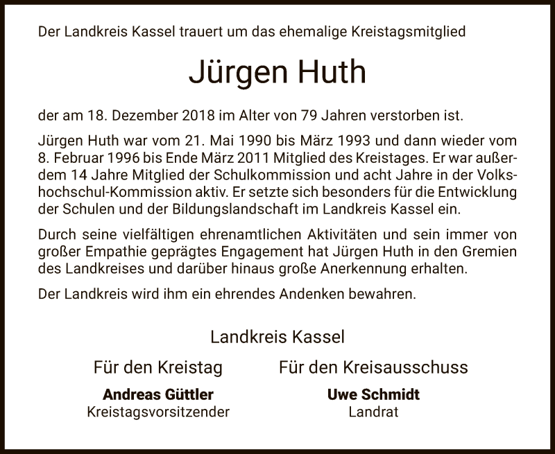  Traueranzeige für Jürgen Huth vom 09.01.2019 aus HNA