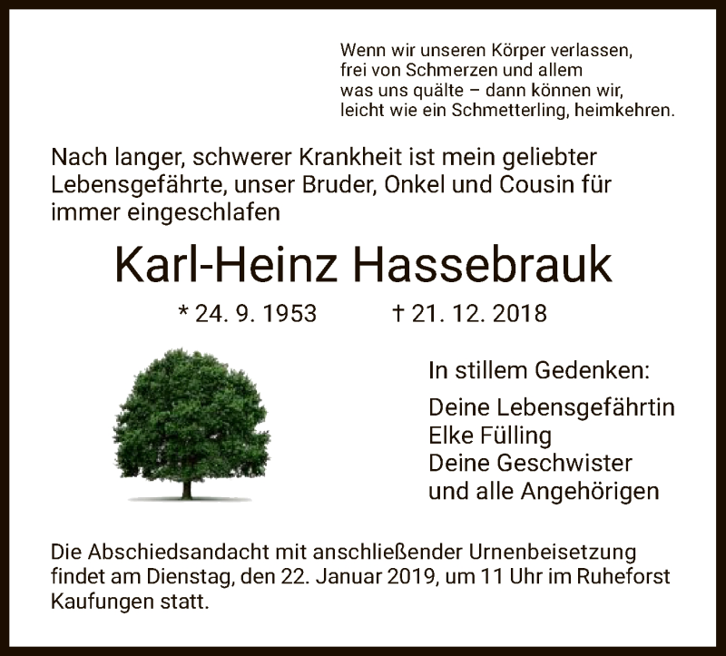  Traueranzeige für Karl-Heinz Hassebrauk vom 19.01.2019 aus HNA