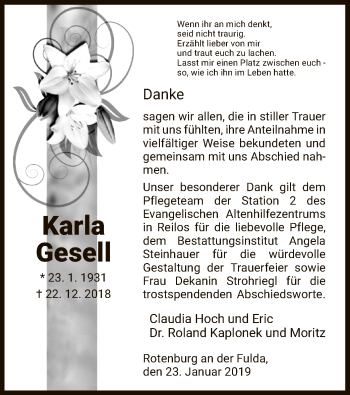 Traueranzeige von Karla Gesell von HNA