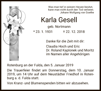 Traueranzeige von Karla Gesell von HNA