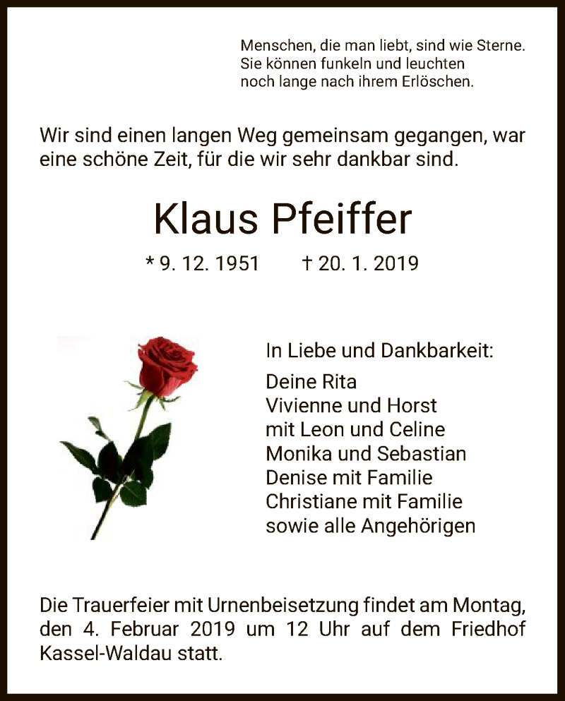  Traueranzeige für Klaus Pfeiffer vom 30.01.2019 aus HNA