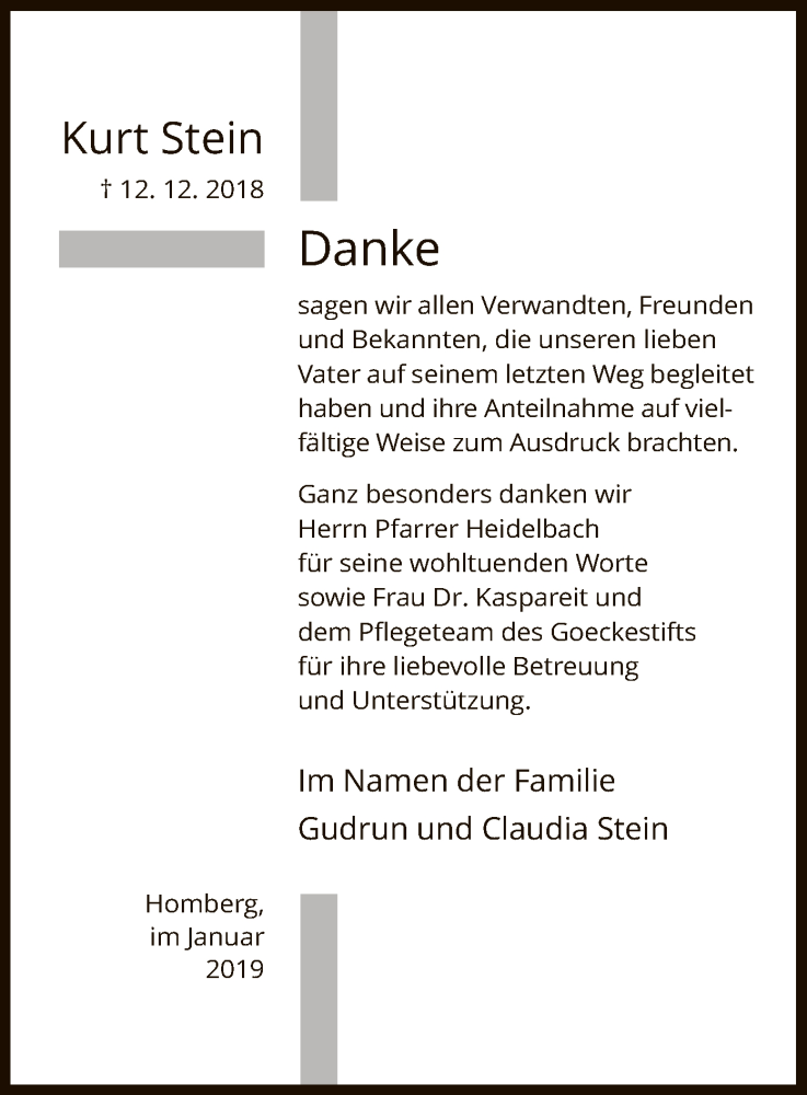  Traueranzeige für Kurt Stein vom 19.01.2019 aus HNA