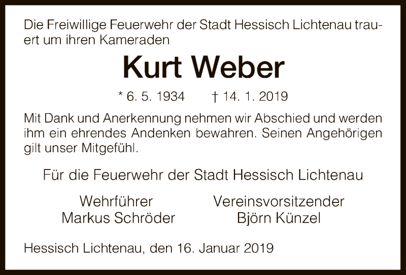  Traueranzeige für Kurt Weber vom 16.01.2019 aus HNA