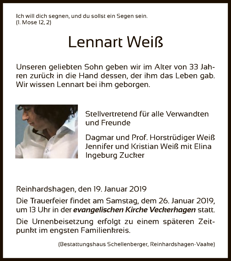  Traueranzeige für Lennart Weiß vom 19.01.2019 aus HNA