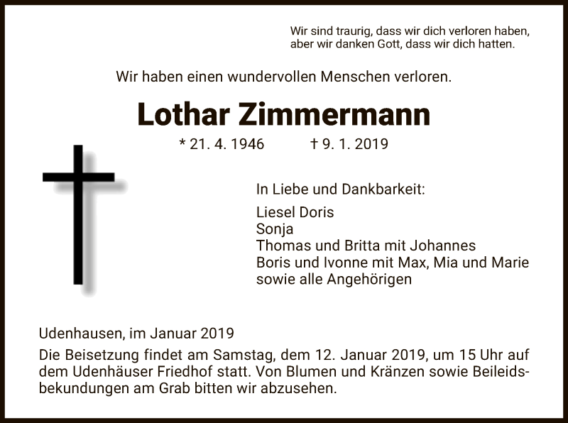  Traueranzeige für Lothar Zimmermann vom 11.01.2019 aus HNA