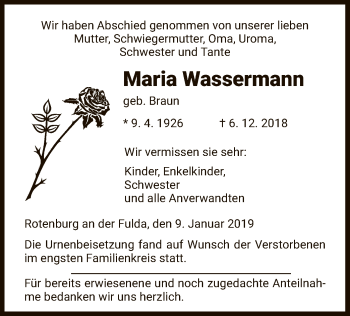 Traueranzeige von Maria Wassermann von HNA