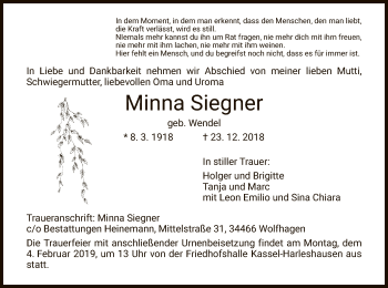 Traueranzeige von Minna Siegner von HNA