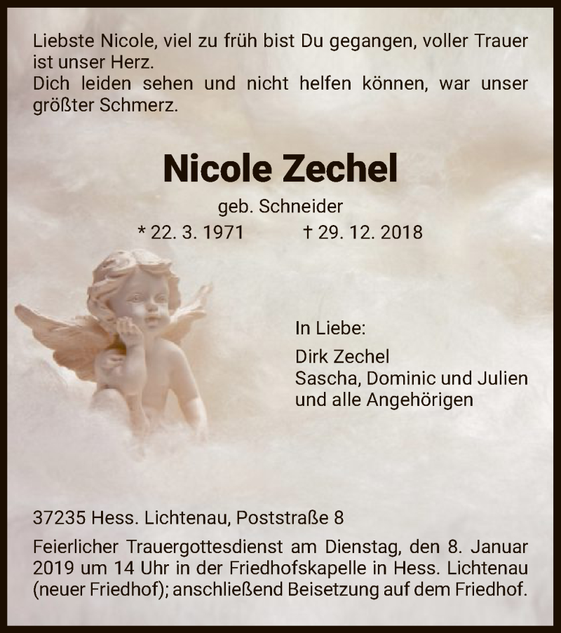  Traueranzeige für Nicole Zechel vom 05.01.2019 aus HNA