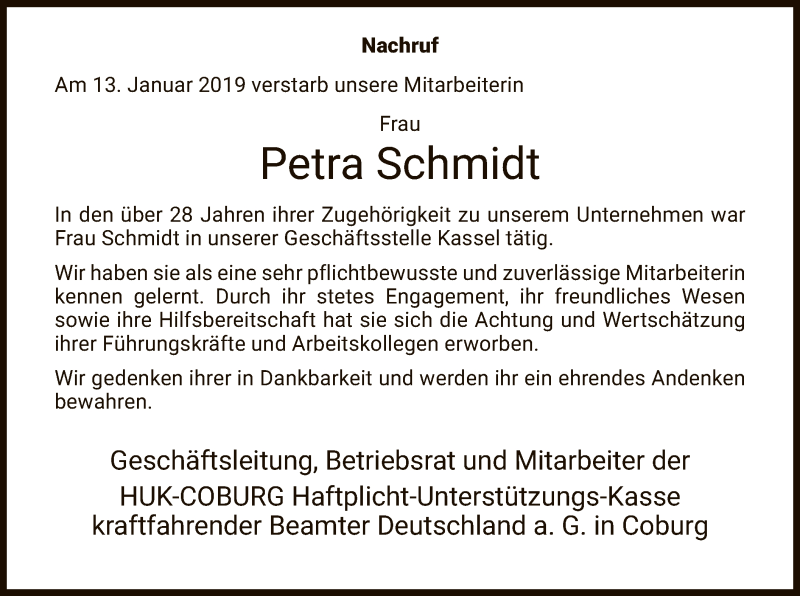  Traueranzeige für Petra Schmidt vom 19.01.2019 aus HNA