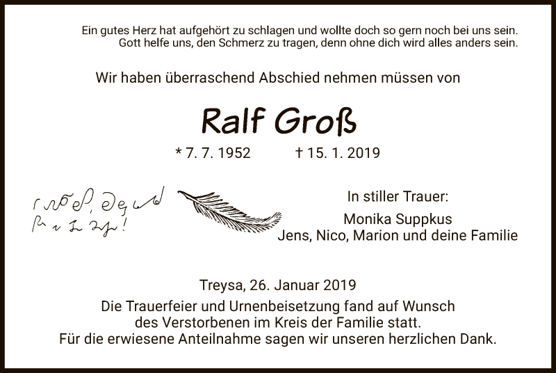  Traueranzeige für Ralf Groß vom 26.01.2019 aus HNA