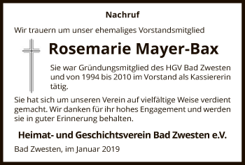 Traueranzeige von Rosemarie Mayer-Bax von HNA
